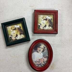 Set of 3 Vintage Victorian Miniature Faux-Wood Frames with Small Art Prints